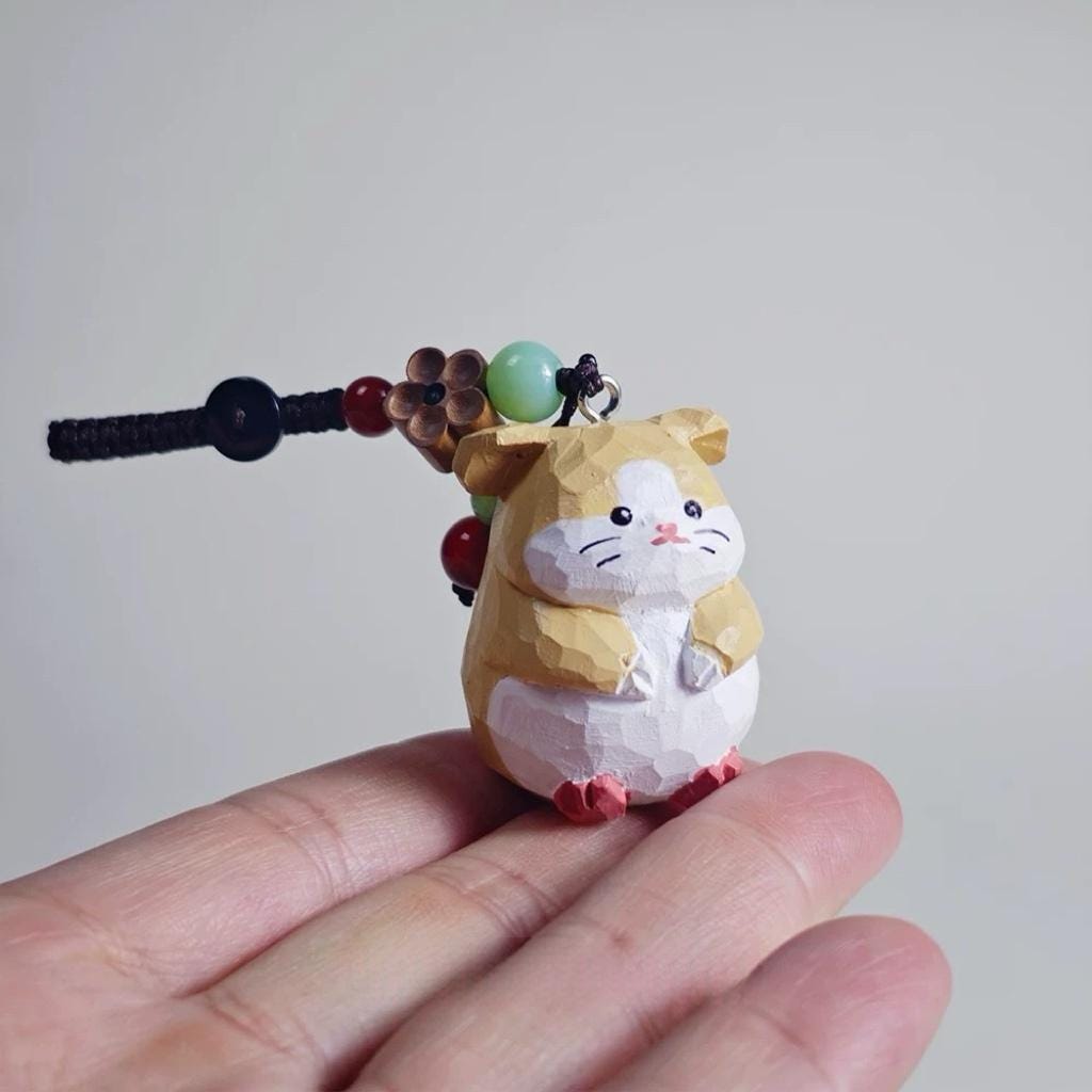 Handmade Wooden Hamster Keychain, Japanese Style Miniature Lucky Hamster Charm, Cute Animal Wood Pendant, Handcrafted Bag Charm, Lucky Gift