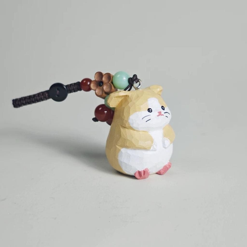 Handmade Wooden Hamster Keychain, Japanese Style Miniature Lucky Hamster Charm, Cute Animal Wood Pendant, Handcrafted Bag Charm, Lucky Gift