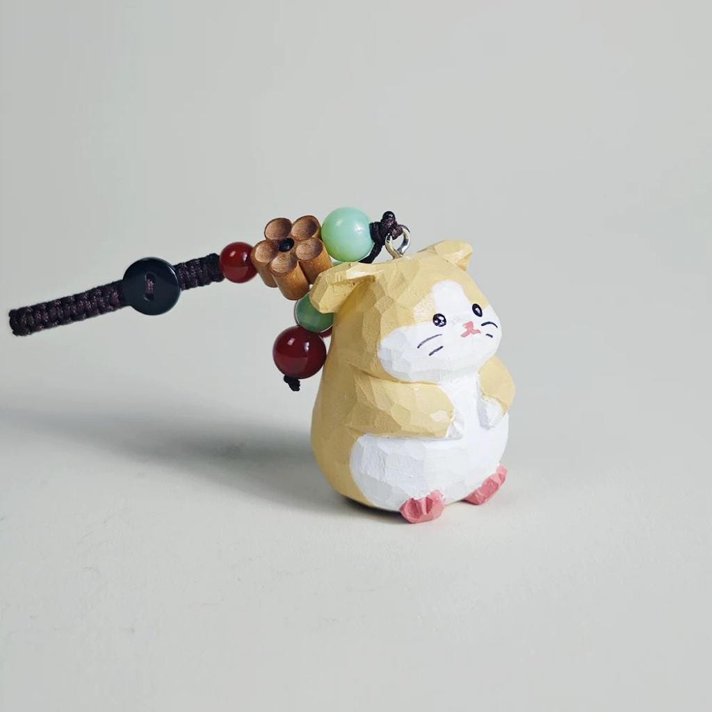 Handmade Wooden Hamster Keychain, Japanese Style Miniature Lucky Hamster Charm, Cute Animal Wood Pendant, Handcrafted Bag Charm, Lucky Gift