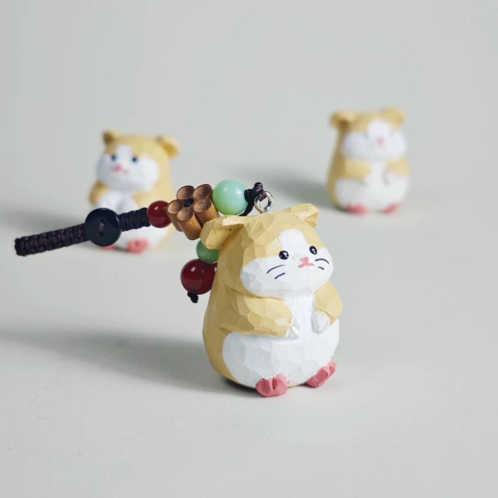 Handmade Wooden Hamster Keychain, Japanese Style Miniature Lucky Hamster Charm, Cute Animal Wood Pendant, Handcrafted Bag Charm, Lucky Gift