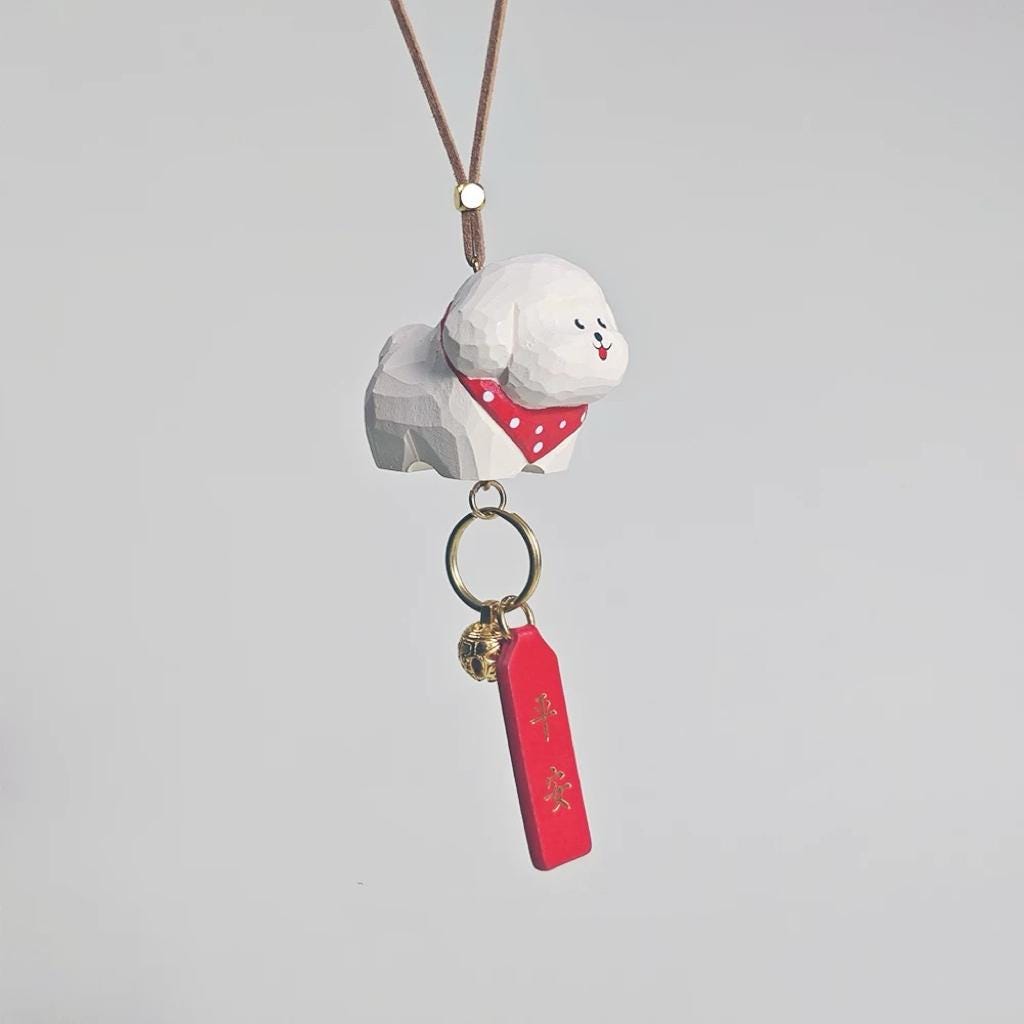 Handmade Wooden Lucky Dog Car Charm, Japanese Style Miniature Handcrafted Puppy Ornament, Cute Rearview Mirror Decor, Lucky Gift, Pendant