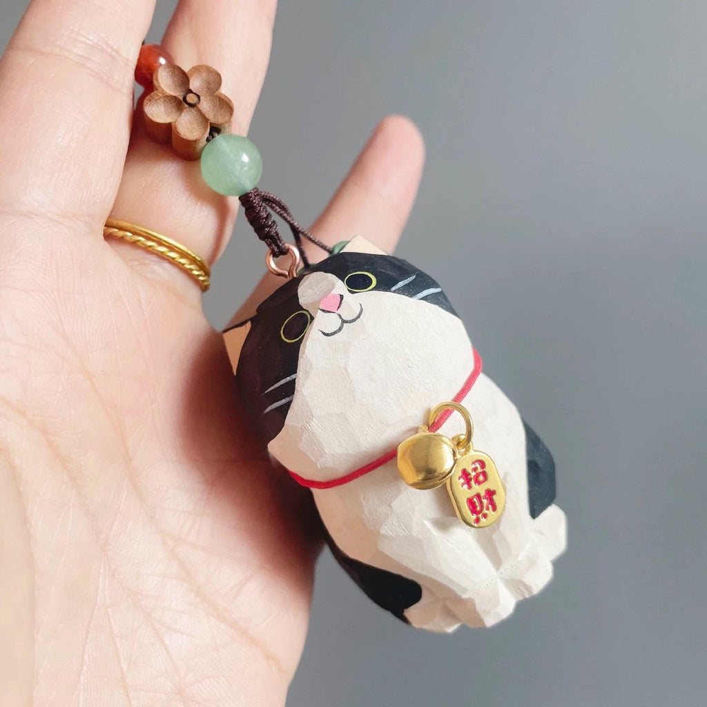Japanese Traditional Hand Carved Lucky Cat Keychain, Wooden Cat Bag Charm, Handmade Phone Charm, Maneki Key Ring, Cute Cat Purse Charm Gift
