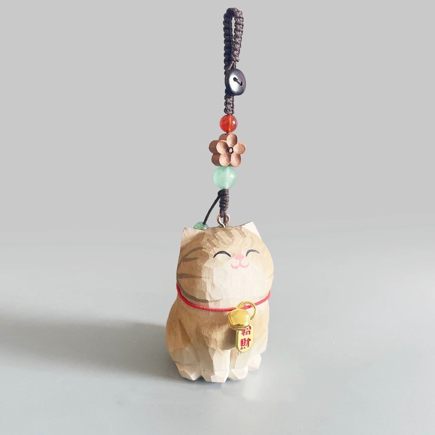 Japanese Hand Carved Wooden Lucky Cat Keychain, Maneki Neko Bag Charm, Handmade Wood Phone Charm, Cute Key Ring, Lucky Cat Purse Charm Gift