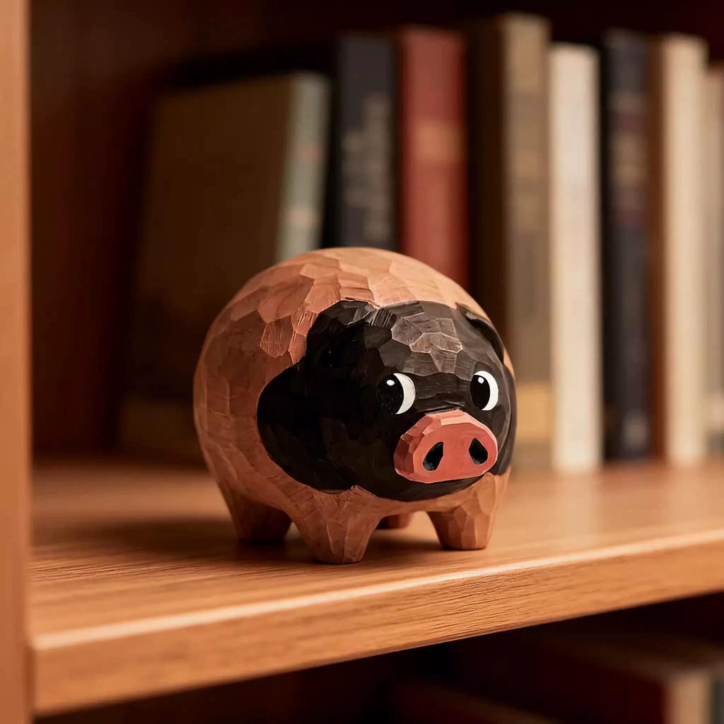 Hand Carved Wooden Pig Figurine, Japanese Style Wood Pig Sculpture, Eco Friendly Renewable Wood Desk Decor, Handmade Animal Miniature Gift