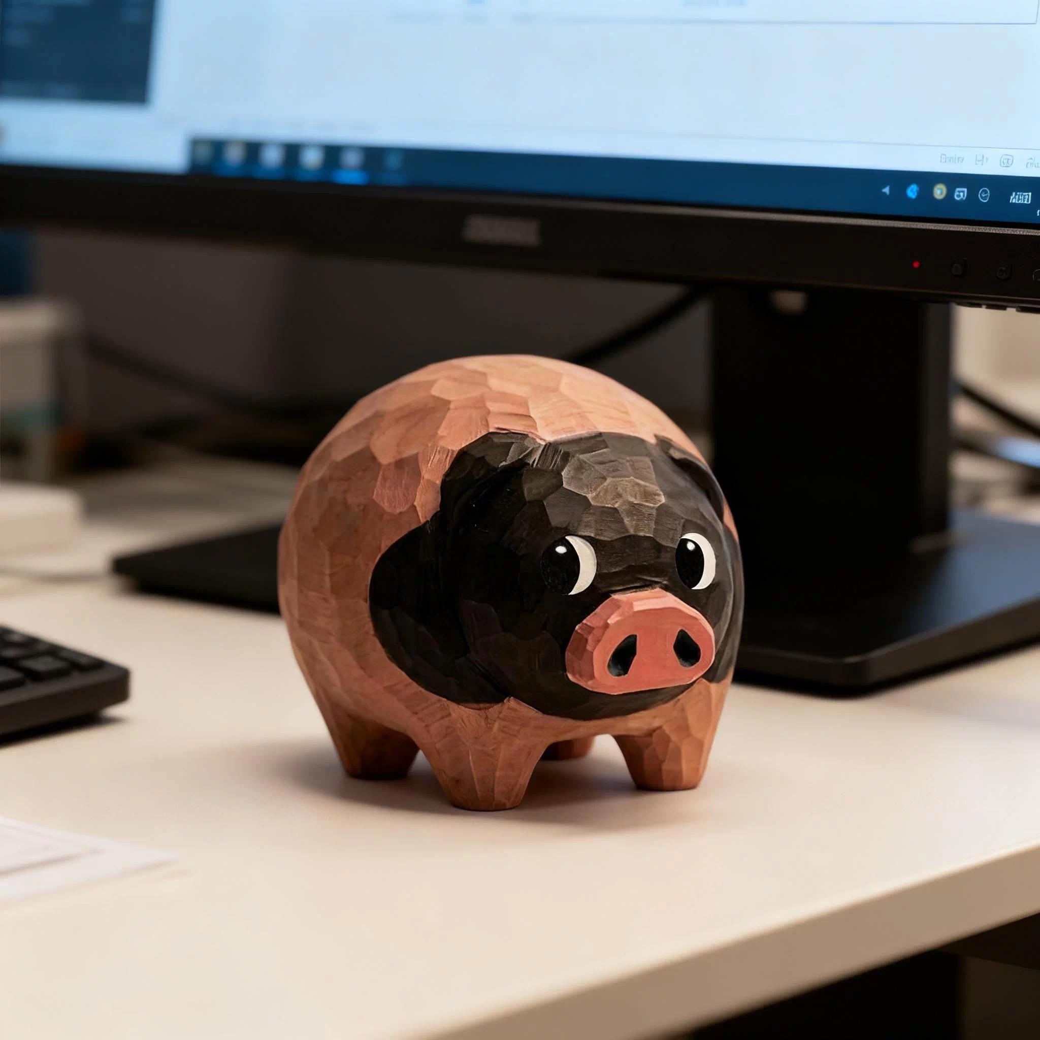 Hand Carved Wooden Pig Figurine, Japanese Style Wood Pig Sculpture, Eco Friendly Renewable Wood Desk Decor, Handmade Animal Miniature Gift