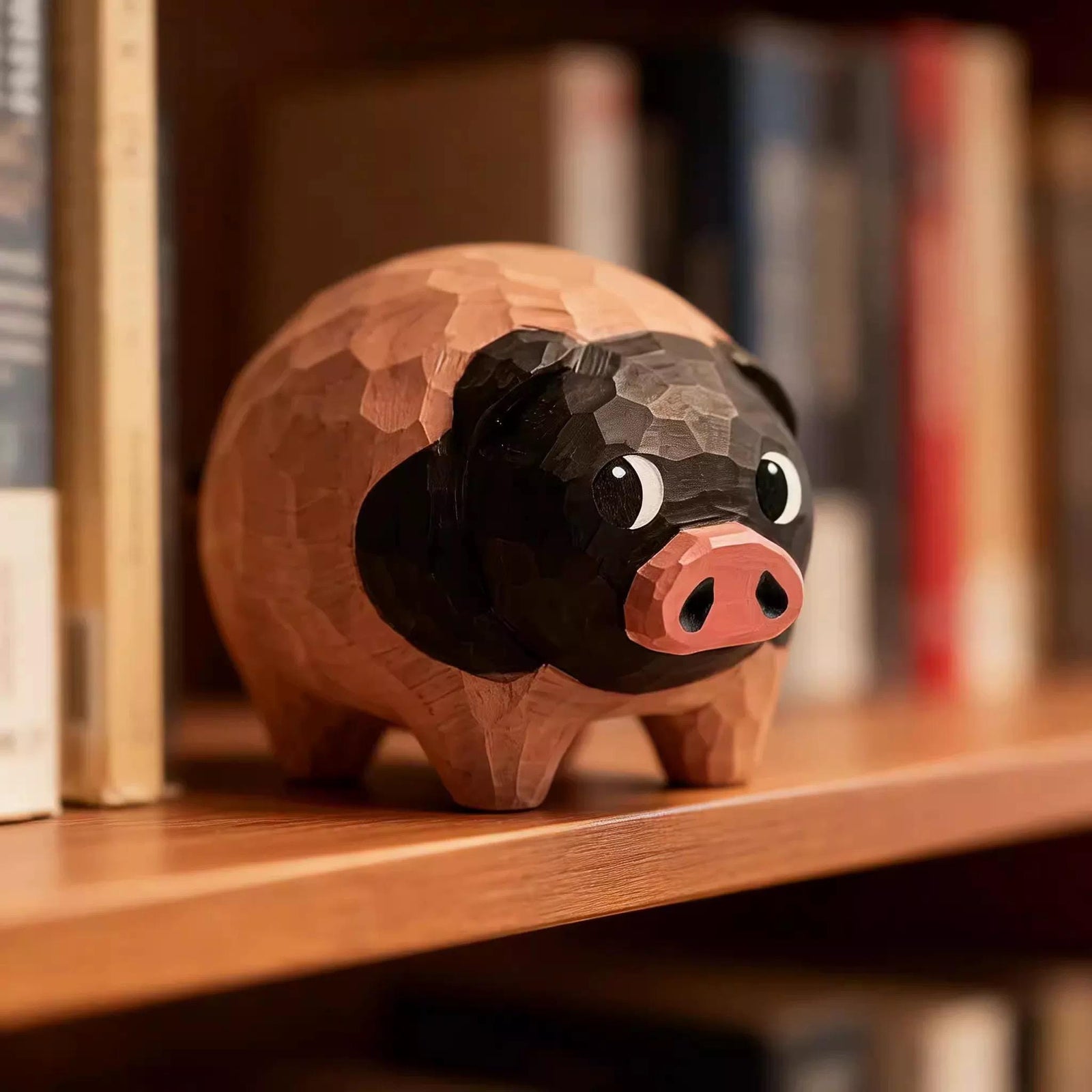 Hand Carved Wooden Pig Figurine, Japanese Style Wood Pig Sculpture, Eco Friendly Renewable Wood Desk Decor, Handmade Animal Miniature Gift