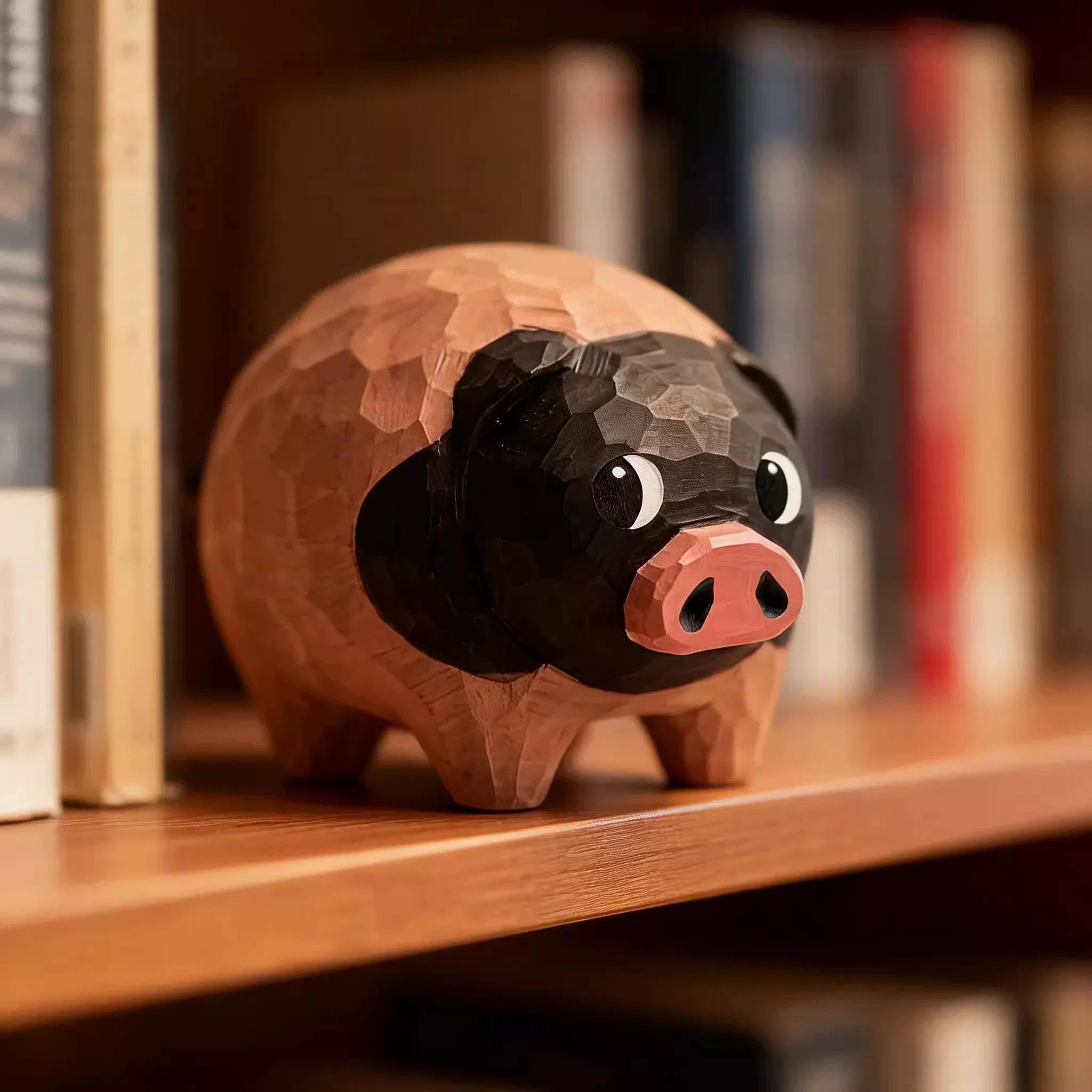 Hand Carved Wooden Pig Figurine, Japanese Style Wood Pig Sculpture, Eco Friendly Renewable Wood Desk Decor, Handmade Animal Miniature Gift