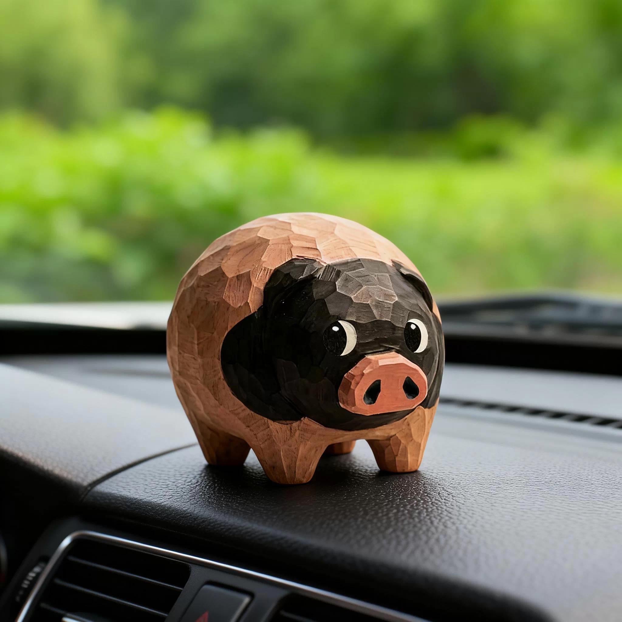 Hand Carved Wooden Pig Figurine, Japanese Style Wood Pig Sculpture, Eco Friendly Renewable Wood Desk Decor, Handmade Animal Miniature Gift