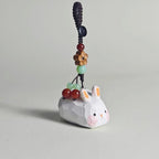 Handmade Lucky Bunny Wood Carving Keychain, Japanese Style Miniature Rabbit Charm, Cute Small Wooden Bunny Pendant, Animal Bag Charm Gift