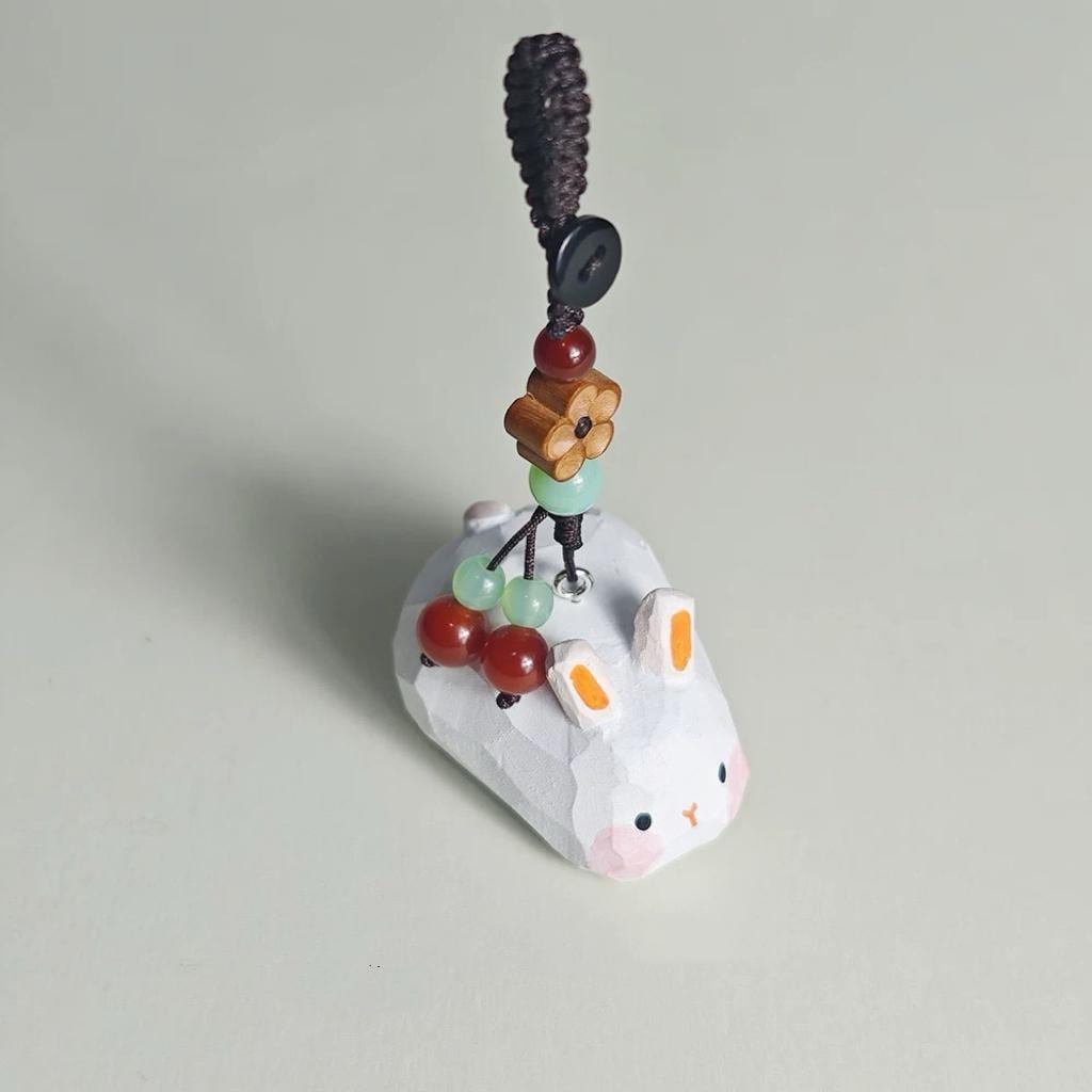 Handmade Lucky Bunny Wood Carving Keychain, Japanese Style Miniature Rabbit Charm, Cute Small Wooden Bunny Pendant, Animal Bag Charm Gift