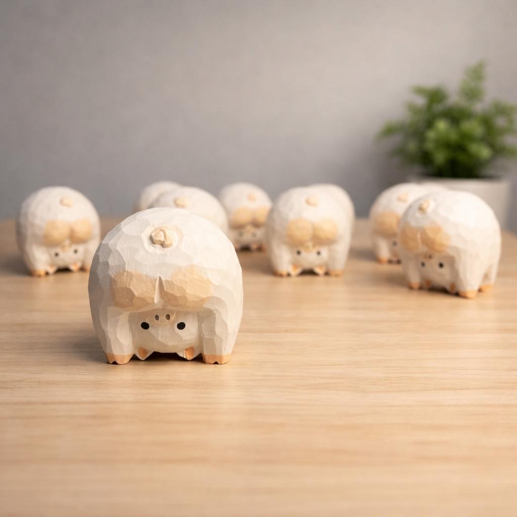 Handmade Lucky Pig Wood Carving, Japanese Style Funny Pig Figurine, Cute Mini Wooden Pig Statue Ornament, Small Animal Desk Decor Gift