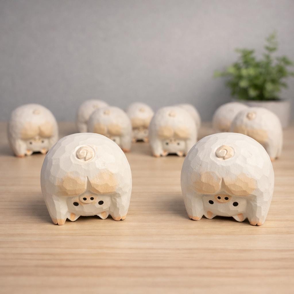 Handmade Lucky Pig Wood Carving, Japanese Style Funny Pig Figurine, Cute Mini Wooden Pig Statue Ornament, Small Animal Desk Decor Gift
