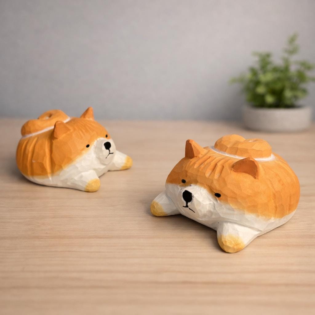 Handmade Lucky Corgi Wood Carving, Japanese Style Cute Dog Figurine, Mini Wooden Puppy Statue, Small Desk & Home Decor Gift