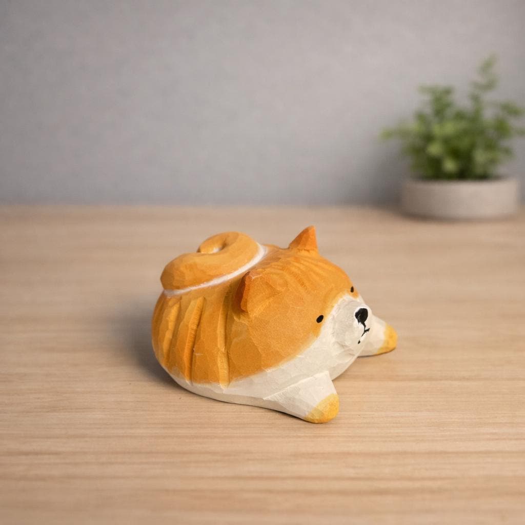 Handmade Lucky Corgi Wood Carving, Japanese Style Cute Dog Figurine, Mini Wooden Puppy Statue, Small Desk & Home Decor Gift