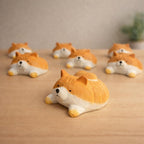 Handmade Lucky Corgi Wood Carving, Japanese Style Cute Dog Figurine, Mini Wooden Puppy Statue, Small Desk & Home Decor Gift