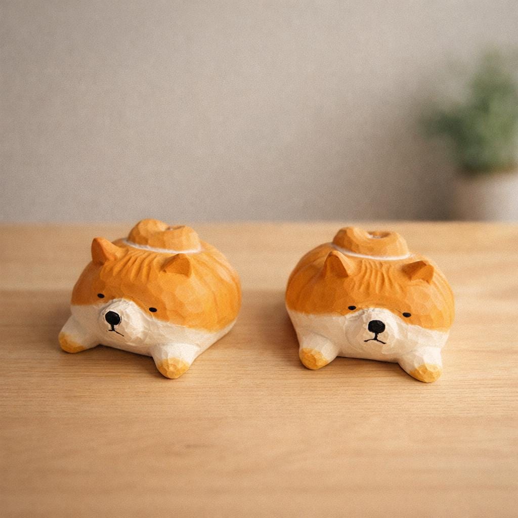 Handmade Lucky Corgi Wood Carving, Japanese Style Cute Dog Figurine, Mini Wooden Puppy Statue, Small Desk & Home Decor Gift