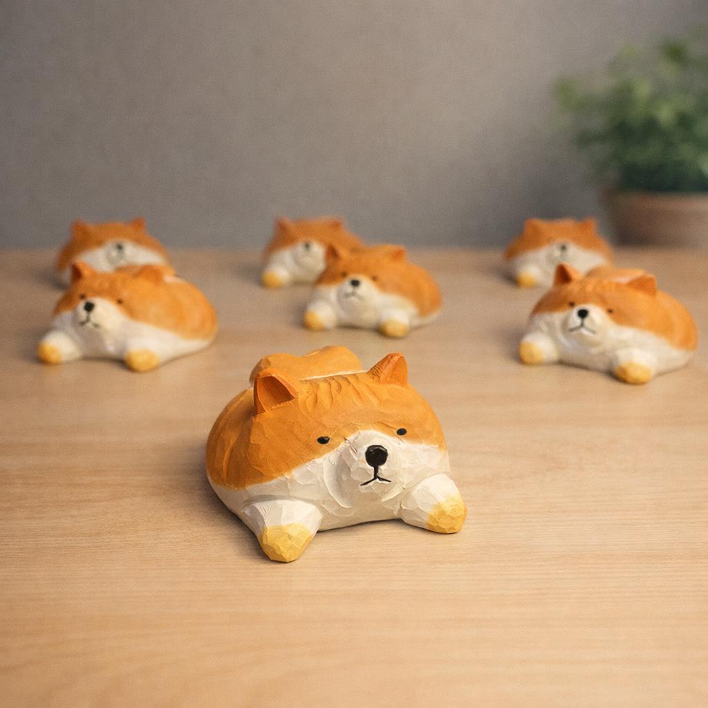 Handmade Lucky Corgi Wood Carving, Japanese Style Cute Dog Figurine, Mini Wooden Puppy Statue, Small Desk & Home Decor Gift
