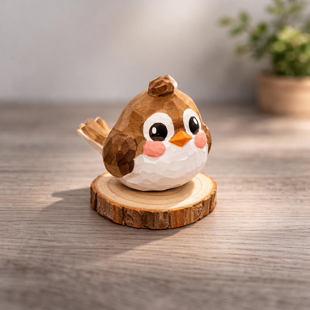 Handcrafted Miniature Lucky Bird Figurine, Japanese Style Wooden Bird Decor, Basswood Carved Animal Sculpture, Cute Desk Ornament, Gift