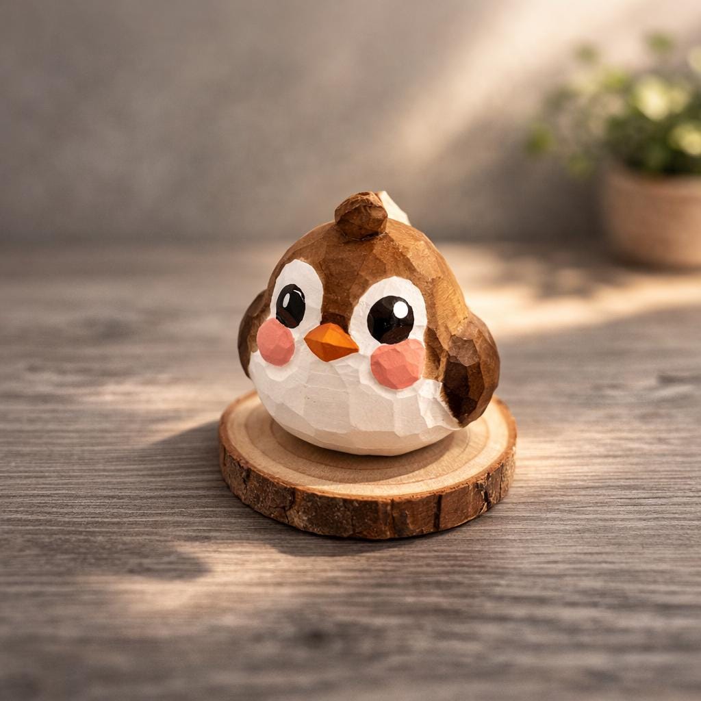Handcrafted Miniature Lucky Bird Figurine, Japanese Style Wooden Bird Decor, Basswood Carved Animal Sculpture, Cute Desk Ornament, Gift