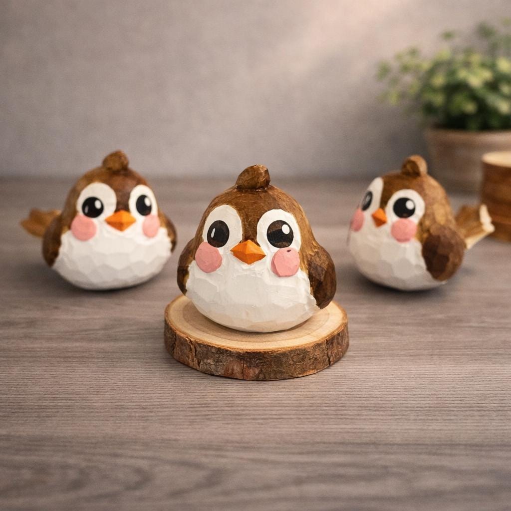 Handcrafted Miniature Lucky Bird Figurine, Japanese Style Wooden Bird Decor, Basswood Carved Animal Sculpture, Cute Desk Ornament, Gift