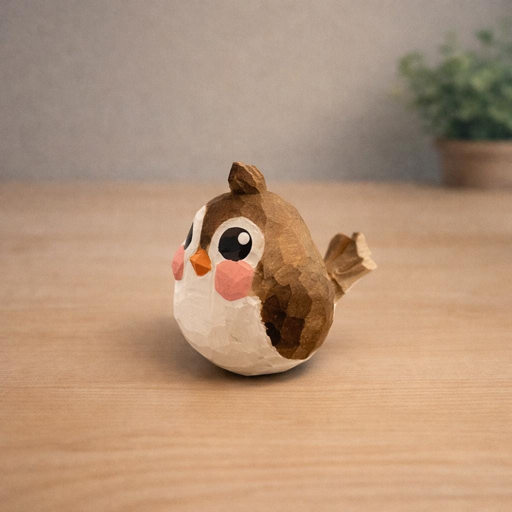 Handcrafted Miniature Lucky Bird Figurine, Japanese Style Wooden Bird Decor, Basswood Carved Animal Sculpture, Cute Desk Ornament, Gift