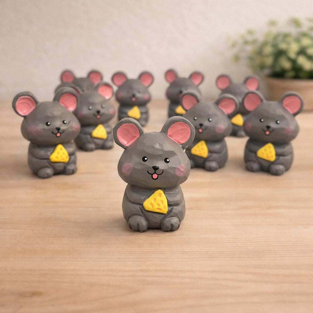 Lucky Mouse Wooden Figurine, Japanese Style Handcrafted Decor, Cute Mouse Holding Cheese, Handmade Desk Decor, Shelf Ornament, Animal Gift