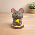 Lucky Mouse Wooden Figurine, Japanese Style Handcrafted Decor, Cute Mouse Holding Cheese, Handmade Desk Decor, Shelf Ornament, Animal Gift