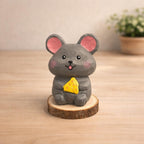 Lucky Mouse Wooden Figurine, Japanese Style Handcrafted Decor, Cute Mouse Holding Cheese, Handmade Desk Decor, Shelf Ornament, Animal Gift