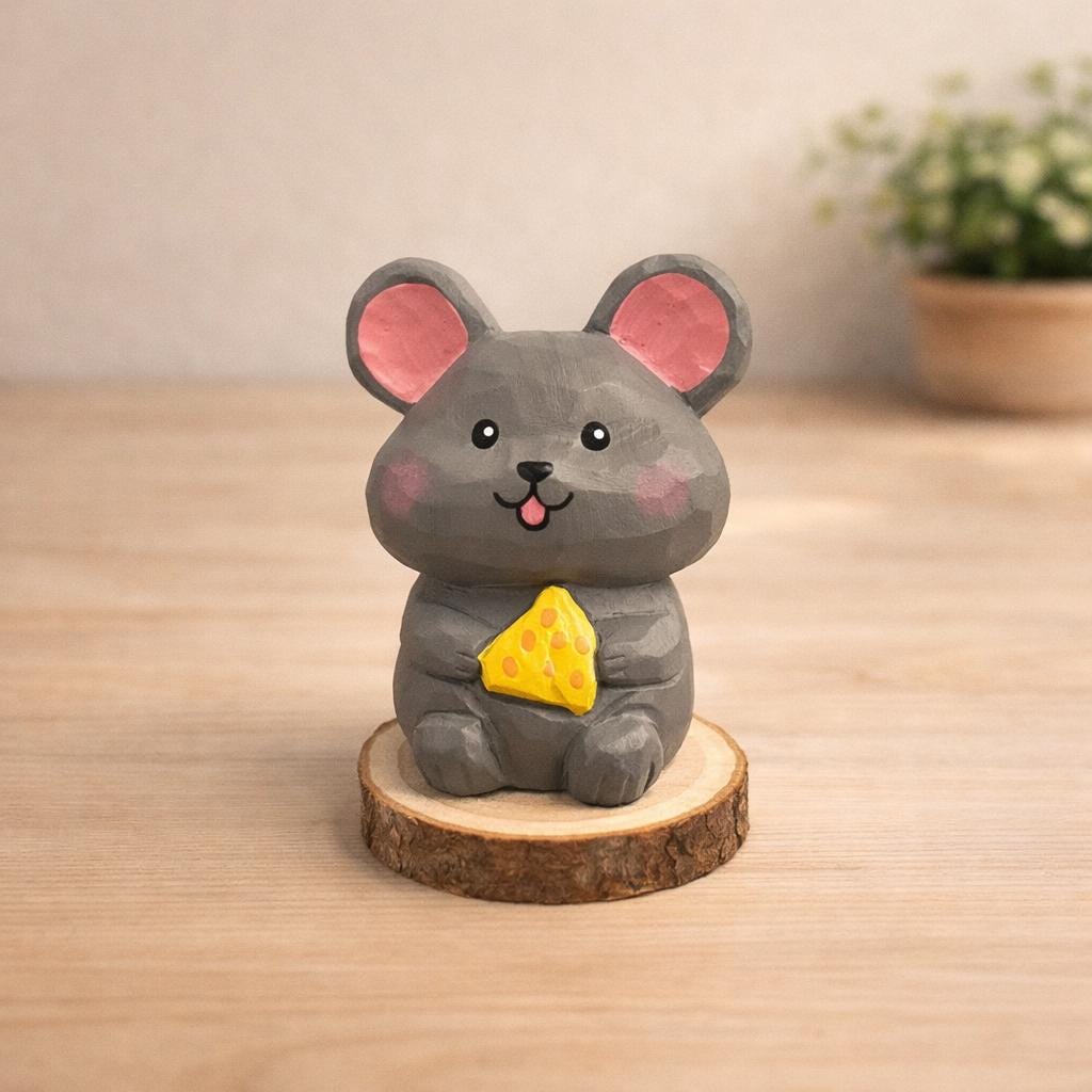 Lucky Mouse Wooden Figurine, Japanese Style Handcrafted Decor, Cute Mouse Holding Cheese, Handmade Desk Decor, Shelf Ornament, Animal Gift