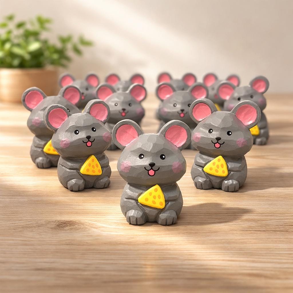 Lucky Mouse Wooden Figurine, Japanese Style Handcrafted Decor, Cute Mouse Holding Cheese, Handmade Desk Decor, Shelf Ornament, Animal Gift