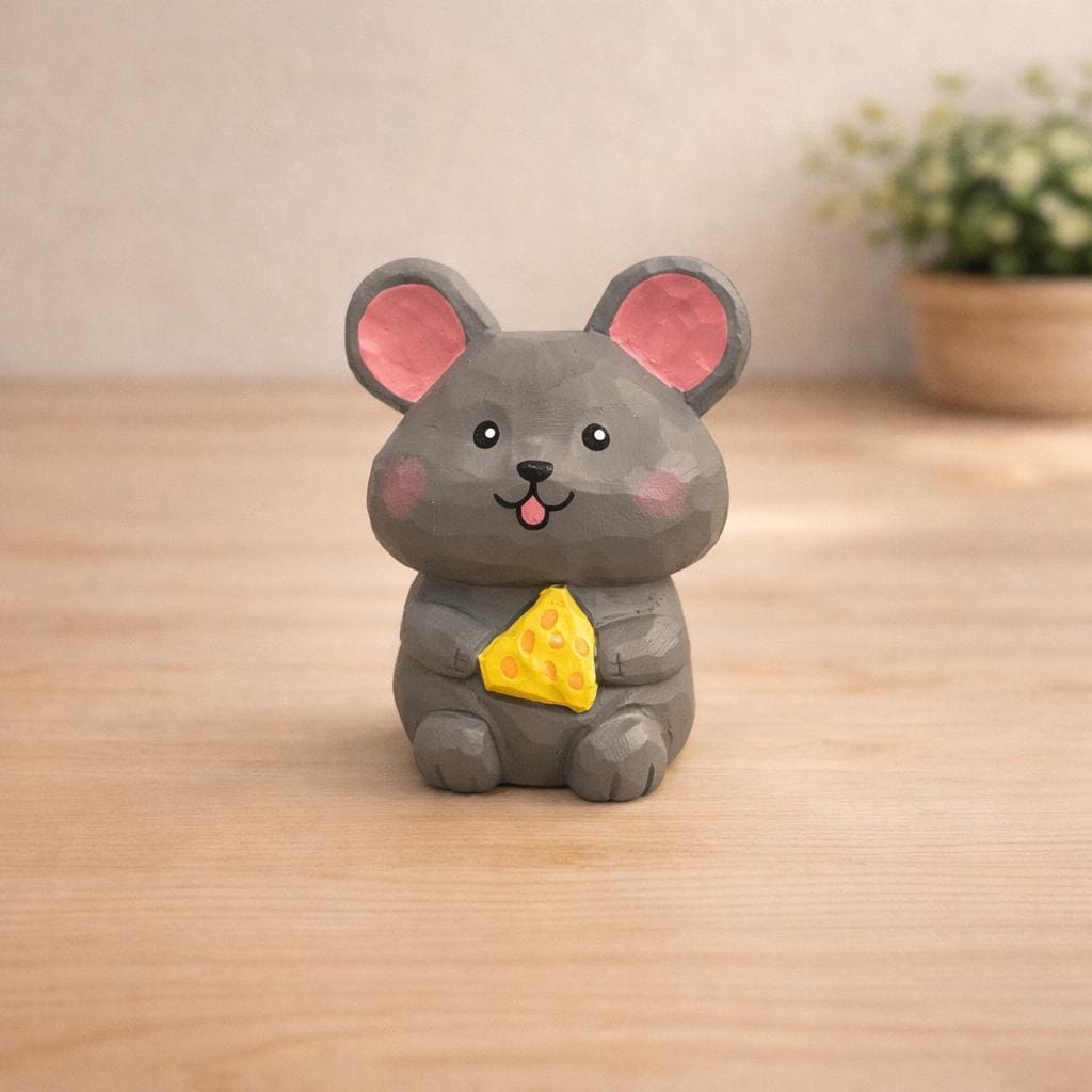 Lucky Mouse Wooden Figurine, Japanese Style Handcrafted Decor, Cute Mouse Holding Cheese, Handmade Desk Decor, Shelf Ornament, Animal Gift