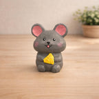 Lucky Mouse Wooden Figurine, Japanese Style Handcrafted Decor, Cute Mouse Holding Cheese, Handmade Desk Decor, Shelf Ornament, Animal Gift