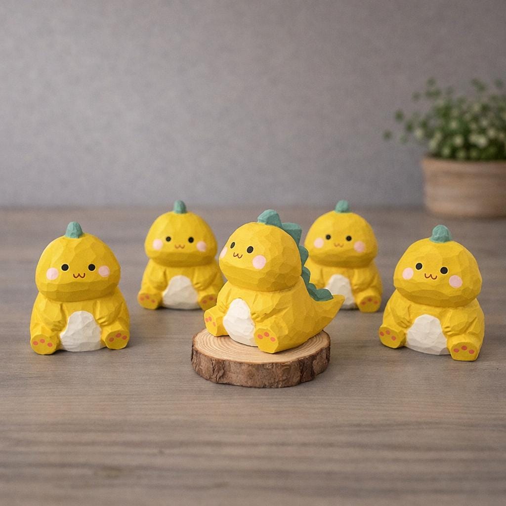Lucky Dinosaur Wooden Figurine, Japanese Style Handcrafted Wood Carving, Cute Yellow Dino Desk Decor, Handmade Shelf Ornament, Wood Gift