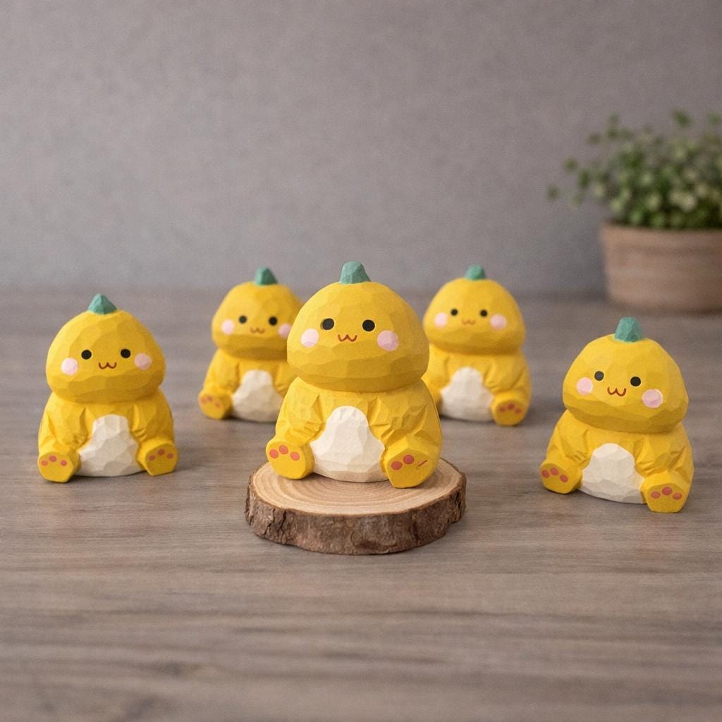 Lucky Dinosaur Wooden Figurine, Japanese Style Handcrafted Wood Carving, Cute Yellow Dino Desk Decor, Handmade Shelf Ornament, Wood Gift