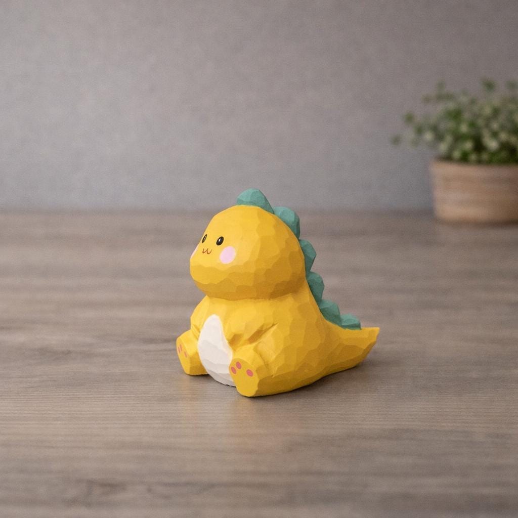 Lucky Dinosaur Wooden Figurine, Japanese Style Handcrafted Wood Carving, Cute Yellow Dino Desk Decor, Handmade Shelf Ornament, Wood Gift