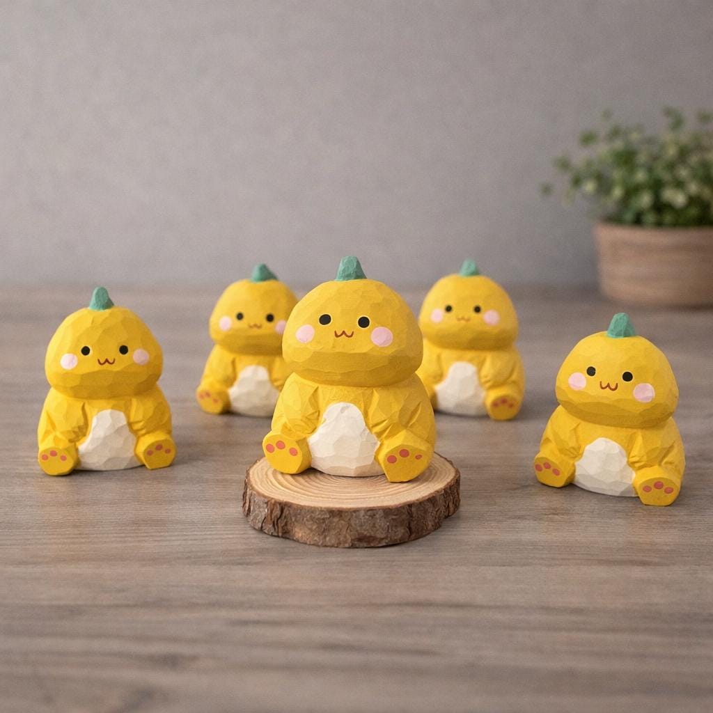 Lucky Dinosaur Wooden Figurine, Japanese Style Handcrafted Wood Carving, Cute Yellow Dino Desk Decor, Handmade Shelf Ornament, Wood Gift
