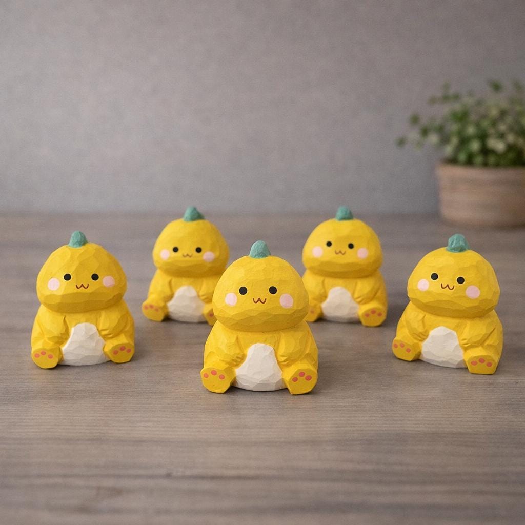 Lucky Dinosaur Wooden Figurine, Japanese Style Handcrafted Wood Carving, Cute Yellow Dino Desk Decor, Handmade Shelf Ornament, Wood Gift