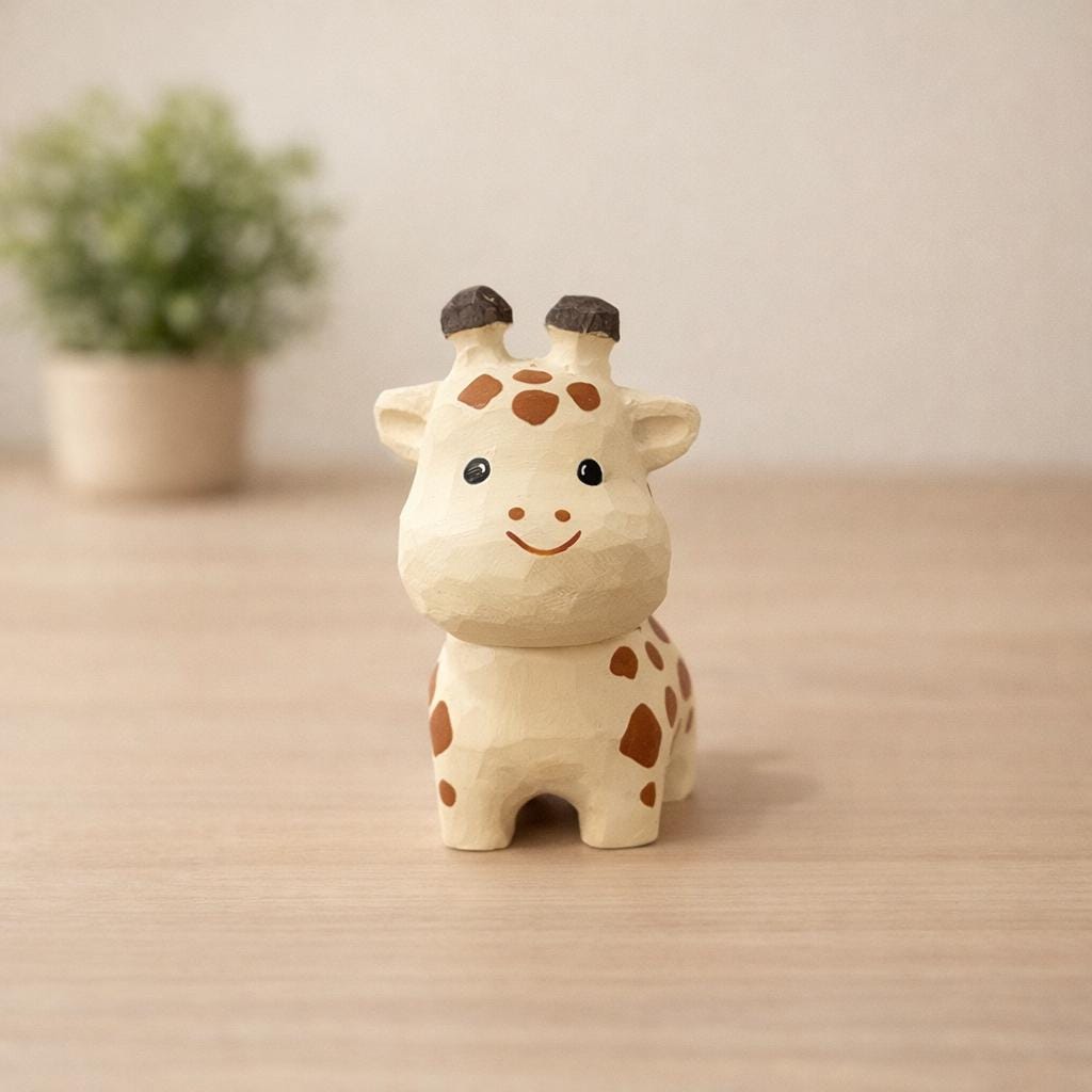Japanese Style Miniature Giraffe Wooden Figurine, Hand Carved Basswood Animal Decor, Cute Desk Ornament, Shelf Decor, Gift for Friends