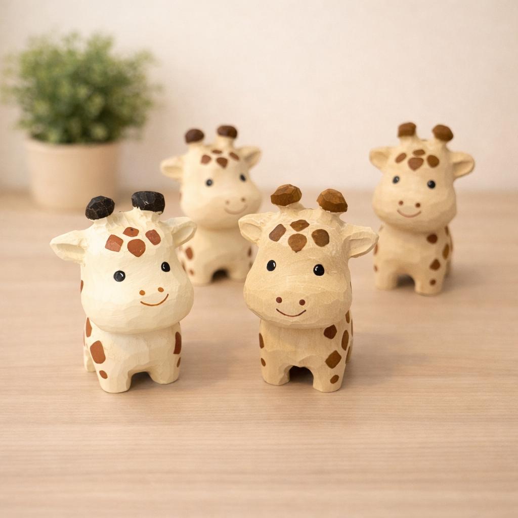 Japanese Style Miniature Giraffe Wooden Figurine, Hand Carved Basswood Animal Decor, Cute Desk Ornament, Shelf Decor, Gift for Friends