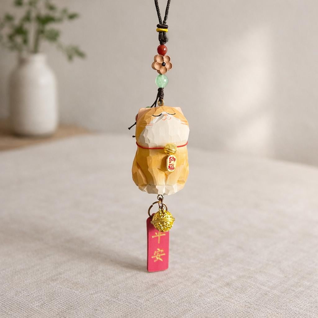 Japanese Hand Carved Lucky Cat Car Hanging Ornament, Wooden Rearview Mirror Charm, Feng Shui Car Charm, Cute Maneki Neko Car Decoration