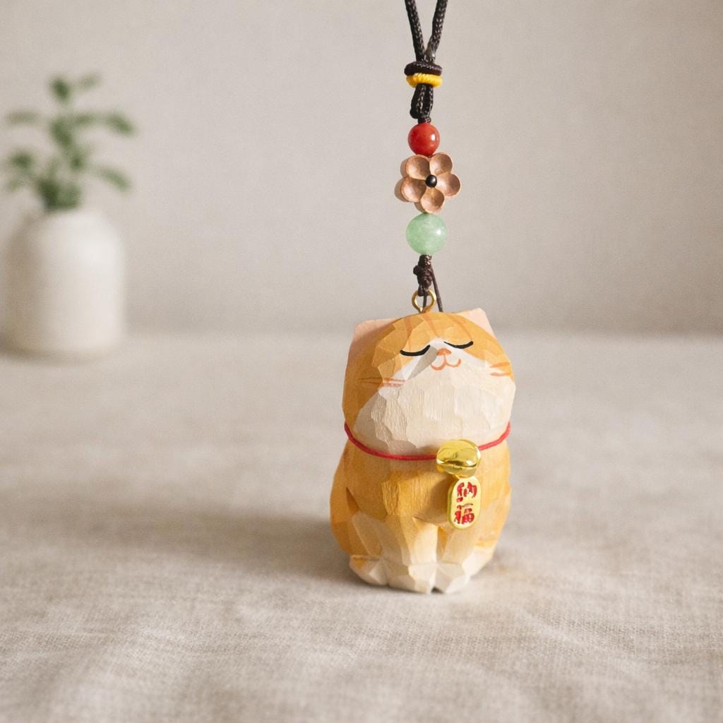 Japanese Hand Carved Lucky Cat Car Hanging Ornament, Wooden Rearview Mirror Charm, Feng Shui Car Charm, Cute Maneki Neko Car Decoration