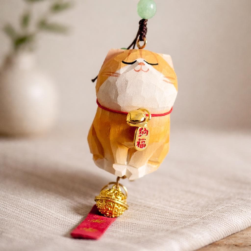 Japanese Hand Carved Lucky Cat Car Hanging Ornament, Wooden Rearview Mirror Charm, Feng Shui Car Charm, Cute Maneki Neko Car Decoration