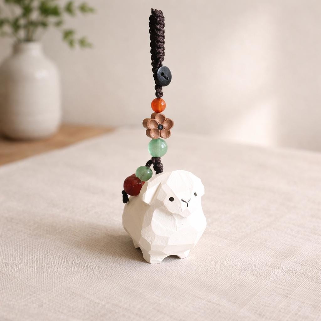 Japanese Hand Carved Sheep Keychain, Wooden Sheep Bag Charm, Cute Animal Keychain, Handmade Wood Key Ring, Cute Sheep Phone Charms Gift