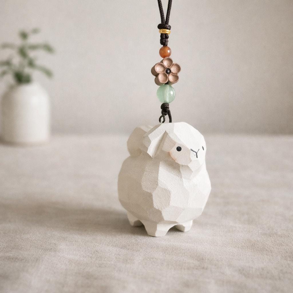 Japanese Hand Carved Sheep Keychain, Wooden Sheep Bag Charm, Cute Animal Keychain, Handmade Wood Key Ring, Cute Sheep Phone Charms Gift