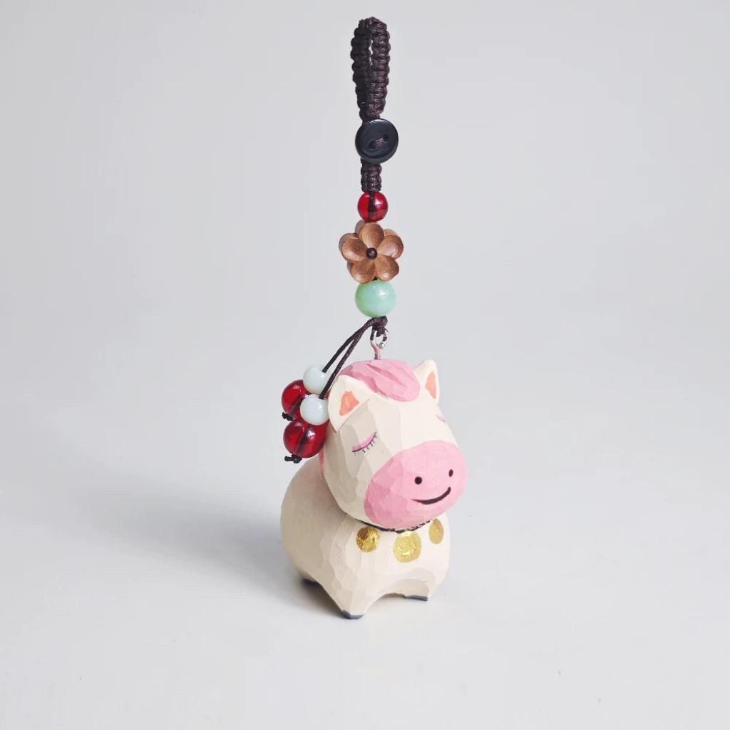 Hand Carved Japanese Style Miniature Wooden Pony Keychain, Basswood Horse Charm, Cute Lucky Horse Bag Charm, Car Hanging Ornament Gift