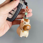 Hand Carved Japanese Style Miniature Wooden Dog Keychain, Basswood Puppy Charm, Lucky Dog Bag Charm & Hanging Ornament Gift