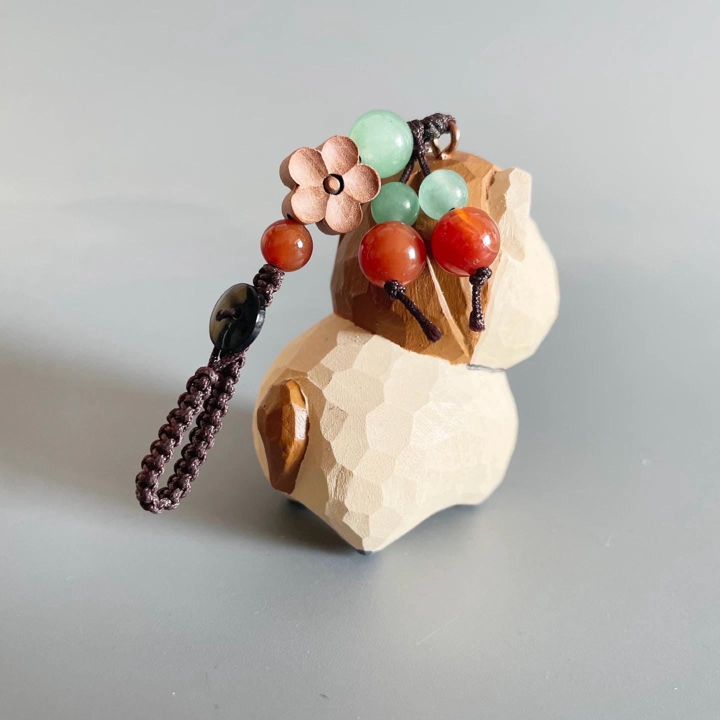 Hand Carved Japanese Style Miniature Wooden Dog Keychain, Basswood Puppy Charm, Lucky Dog Bag Charm & Hanging Ornament Gift