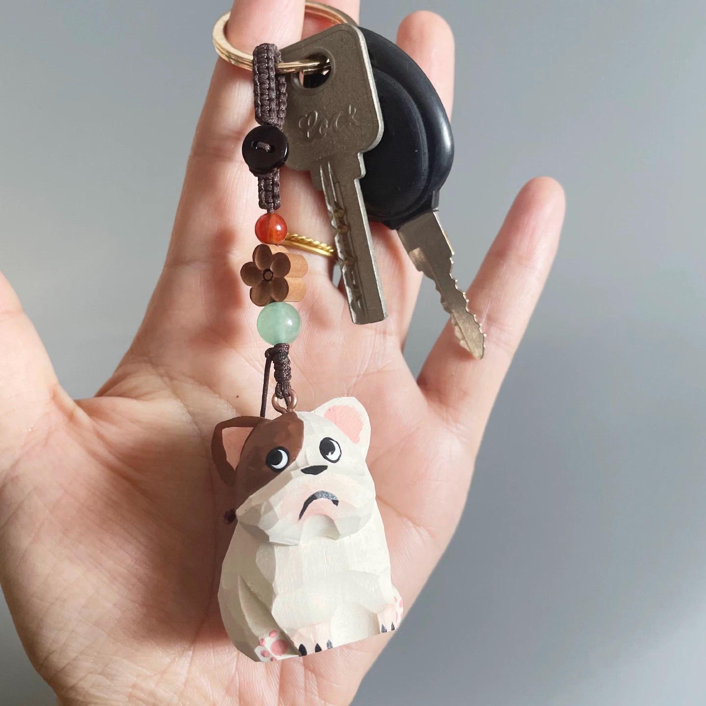 Japanese Style Miniature Wooden French Bulldog Keychain, Hand Carved Basswood Puppy Charm with Natural Crystal Beads, Cute Bag Charm Gift