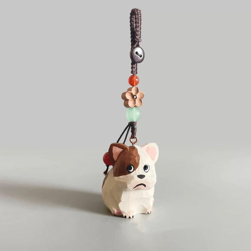 Japanese Style Miniature Wooden French Bulldog Keychain, Hand Carved Basswood Puppy Charm with Natural Crystal Beads, Cute Bag Charm Gift