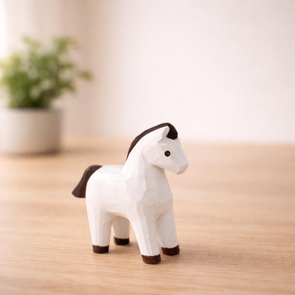 Japanese Style Miniature Wooden Horse Figurine, Hand Carved Basswood White Pony Sculpture, Zodiac Animal Desk Decor, Home Ornament, Gift
